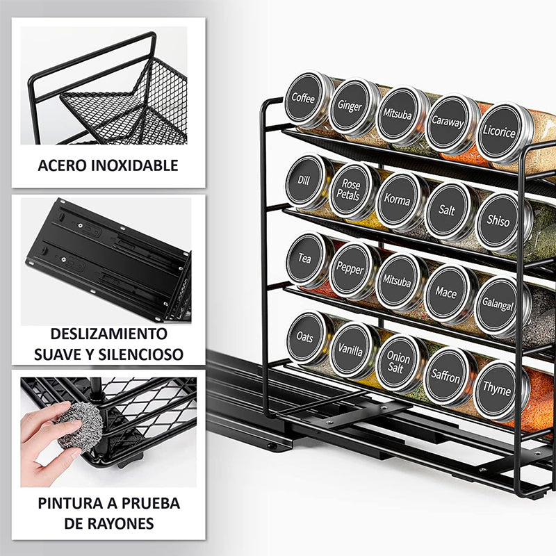 20 Condimenteros De Vidrio + Estante Desplegable Y Etiquetas Negro