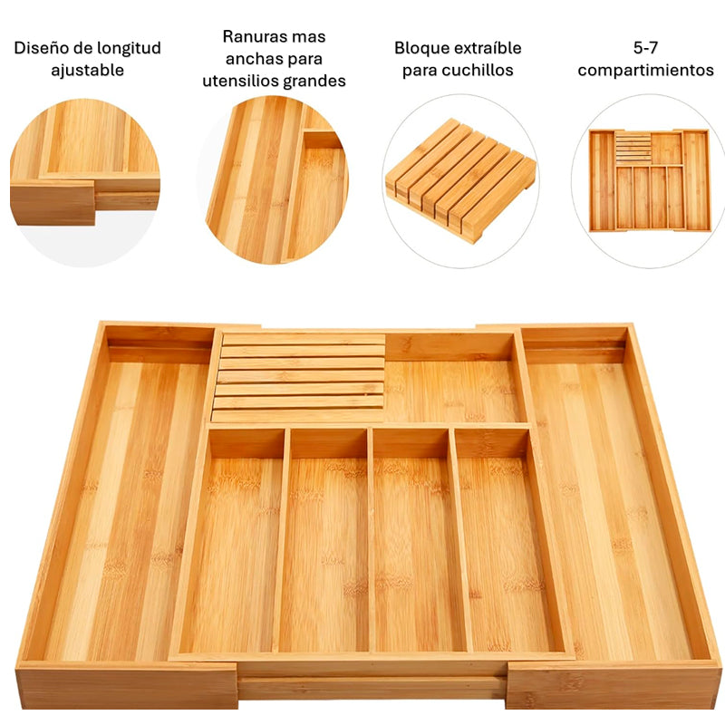 Organizador de Cubiertos para Cajones Organizador de Bambú de Cocina Porta utensilios expandible