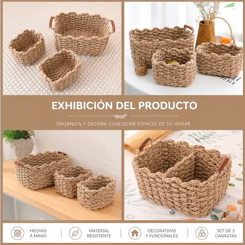 Set 3 Canastas Tejidas Decorativas Con Asas