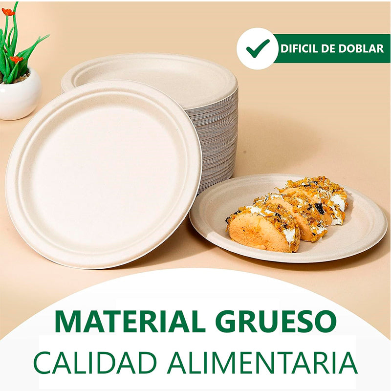 50 Platos Desechables De Papel Compostables Biodegradables Blanco