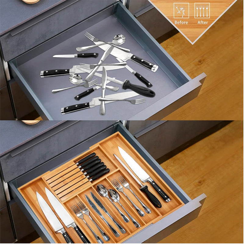 Organizador de Cubiertos para Cajones Organizador de Bambú de Cocina Porta utensilios expandible