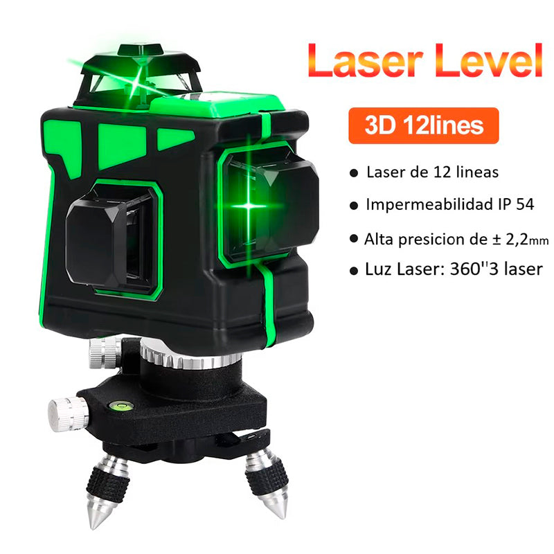 Nivel Laser Profesional 12 Líneas + Maletín + Trípode Color Verde Wakeshome
