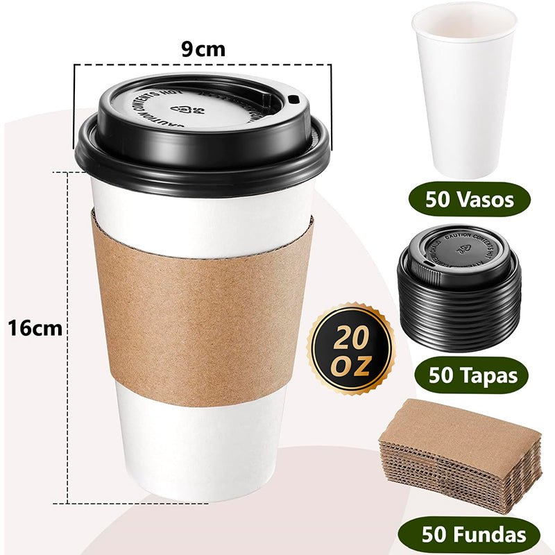 Vaso Cafe Kraft Vasos Polipapel Con Tapa Manga 20oz 50und 20 Oz
