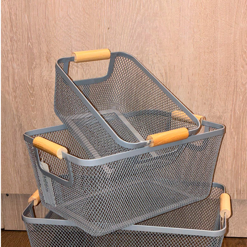 Set 3 Canastos Metalicos Con Mango De Madera Para El Hogar