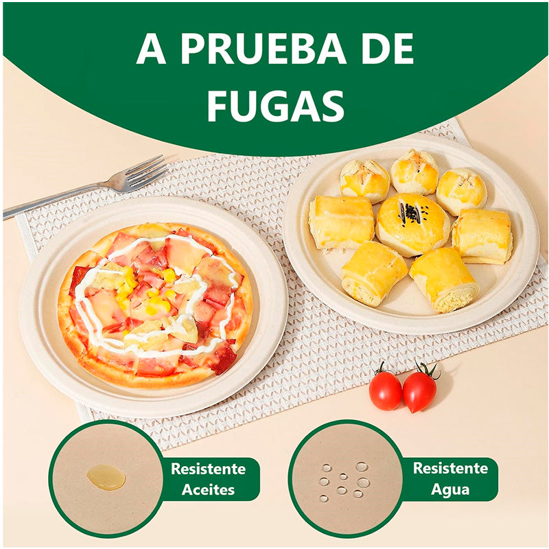 50 Platos Desechables De Papel Compostables Biodegradables Blanco