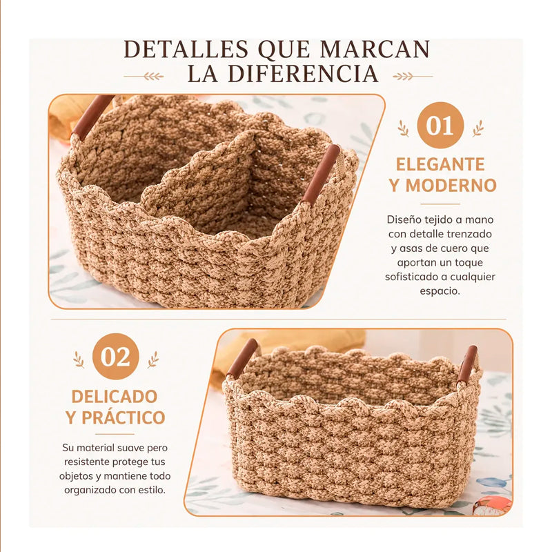Set 3 Canastas Tejidas Decorativas Con Asas