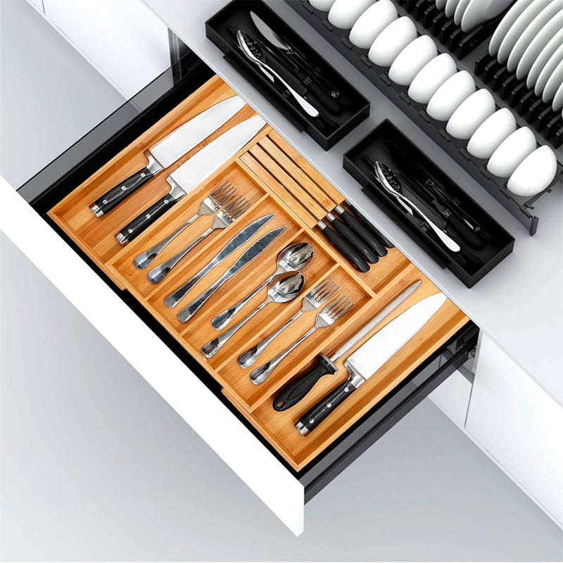 Organizador de Cubiertos para Cajones Organizador de Bambú de Cocina Porta utensilios expandible