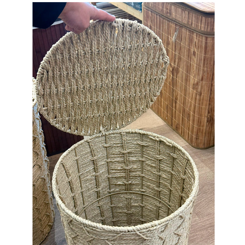 Set de 3 Canastos Organizadores de Fibra Natural con Tapa Estilo Boho