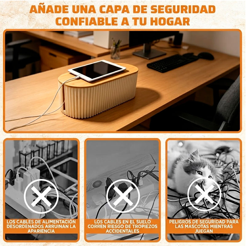 Caja Organizadora De Almacenamiento De Cables Soporte Con Tapa de Bambu