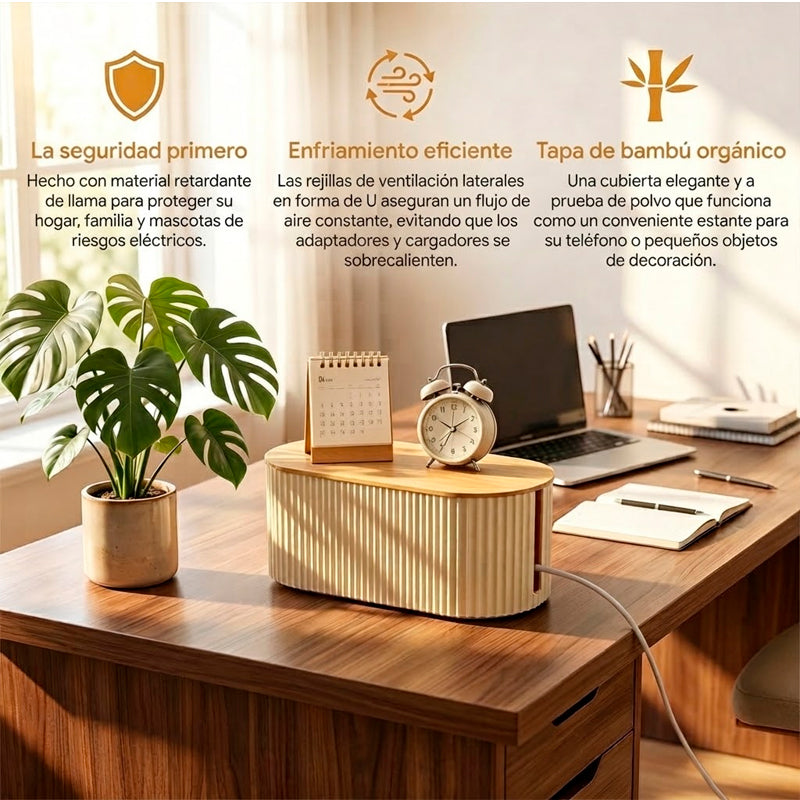 Caja Organizadora De Almacenamiento De Cables Soporte Con Tapa de Bambu