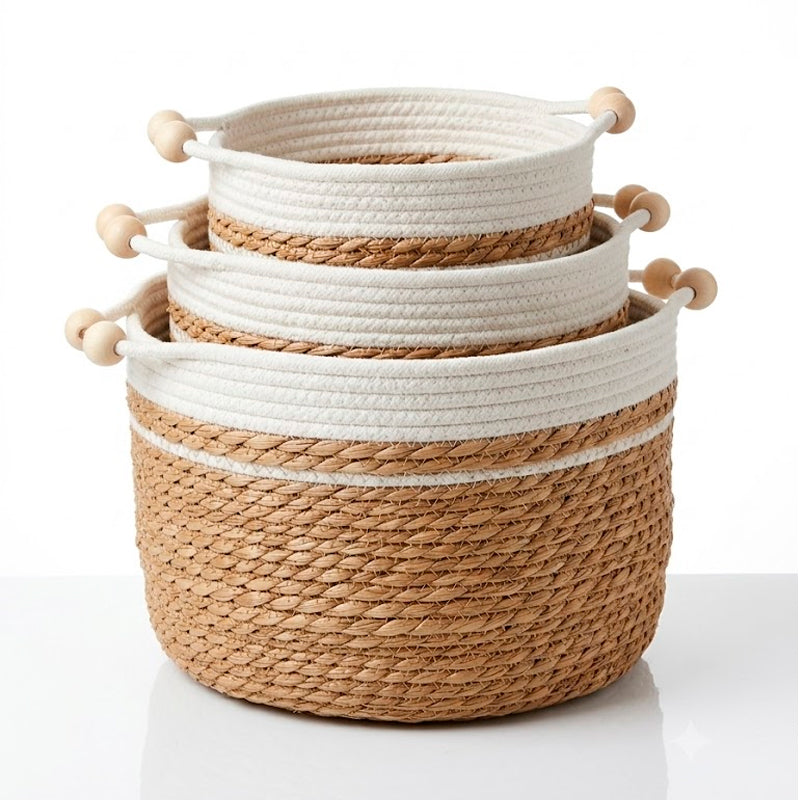 Set 3 Canastos Algodon Cestas De Almacenamiento Con Asas Decorativas