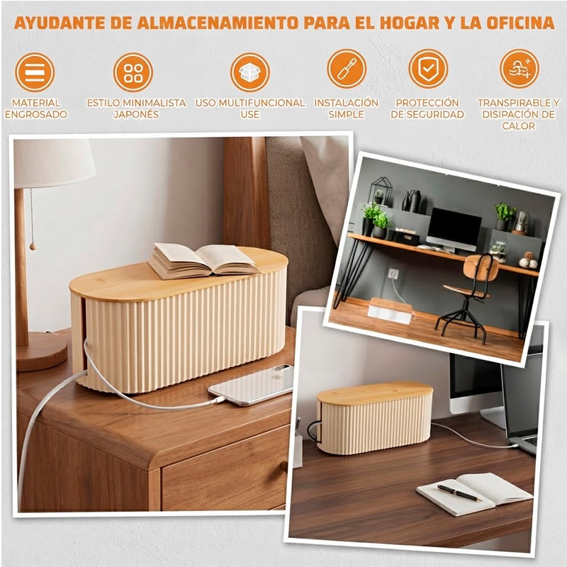 Caja Organizadora De Almacenamiento De Cables Soporte Con Tapa de Bambu