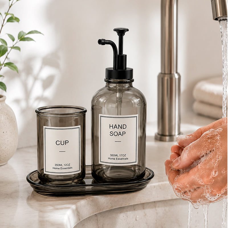 Set Dispensador De Jabón Y Vaso Vidrio Ahumado Para Baño