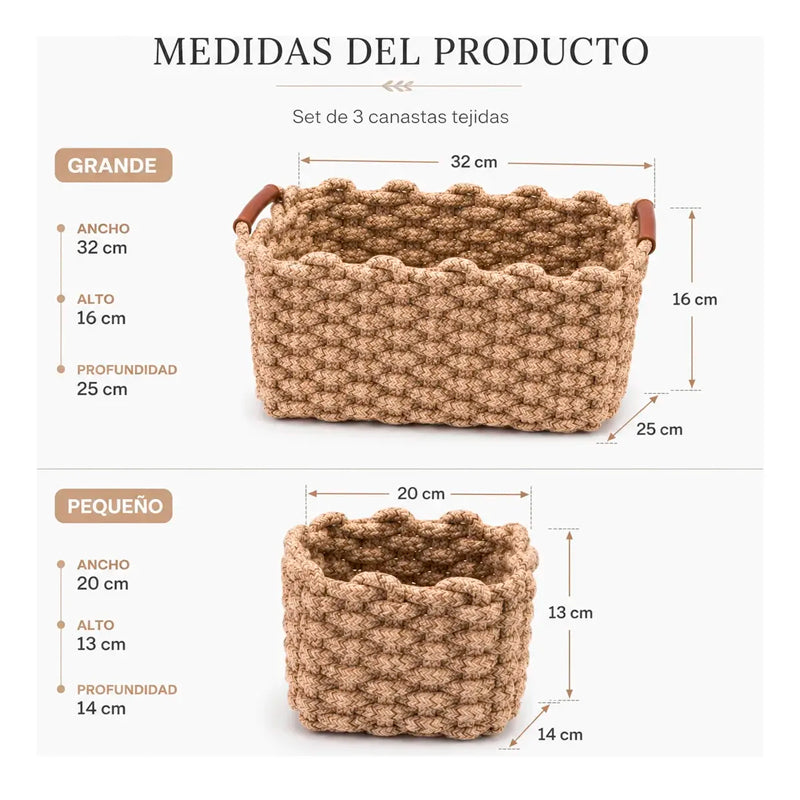 Set 3 Canastas Tejidas Decorativas Con Asas