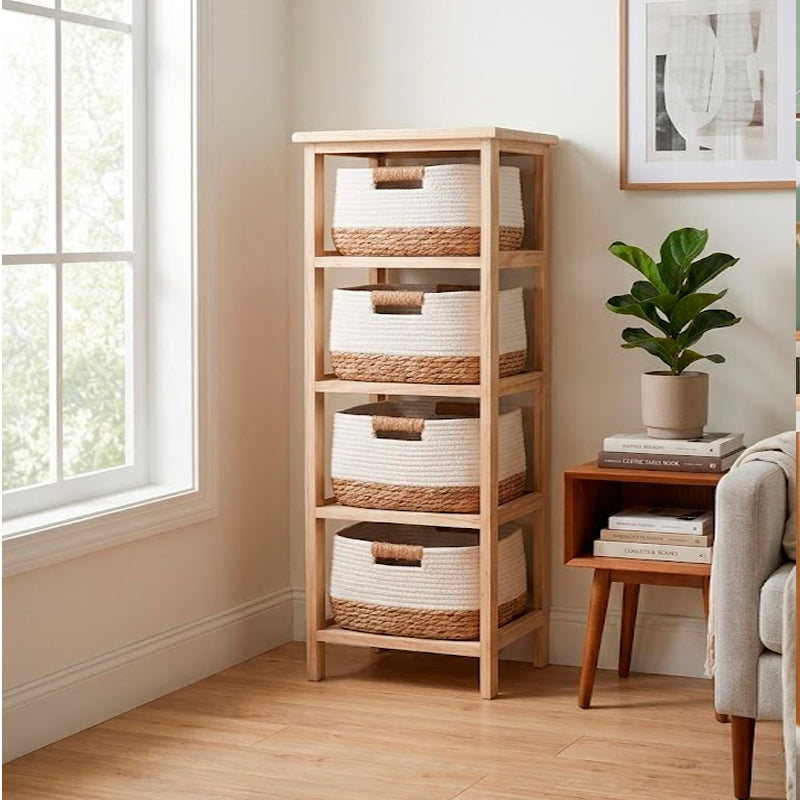 Mueble de Paulownia con 4 Cestas Tejido Algodon Natural Decohogar