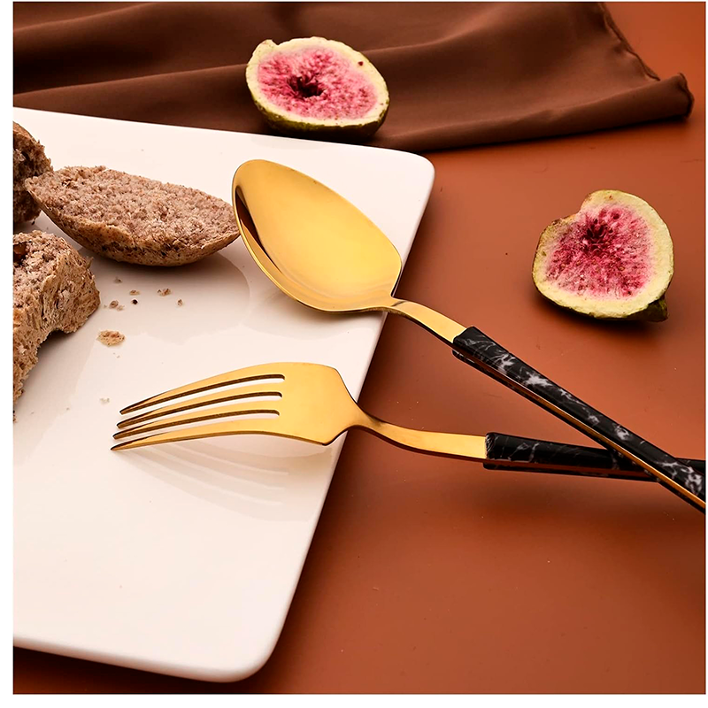 Juego De Cuchilleria 6 Piezas Dorado Mango Efecto Mármol Cuchara Cucharilla Tenedor