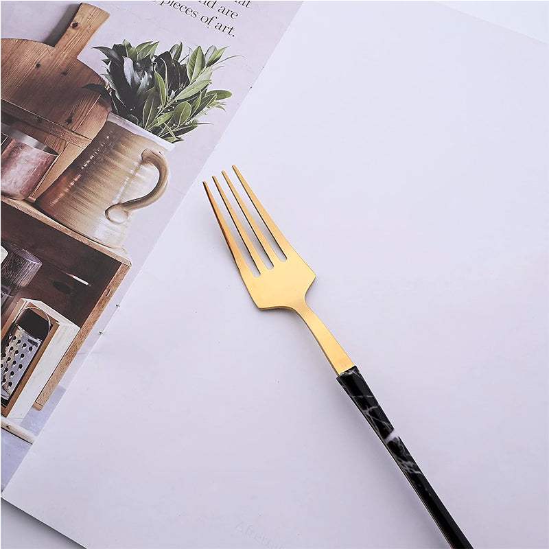Juego De Cuchilleria 6 Piezas Dorado Mango Efecto Mármol Cuchara Cucharilla Tenedor