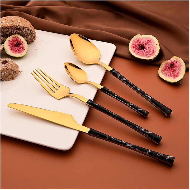 Juego De Cuchilleria 6 Piezas Dorado Mango Efecto Mármol Cuchara Cucharilla Tenedor