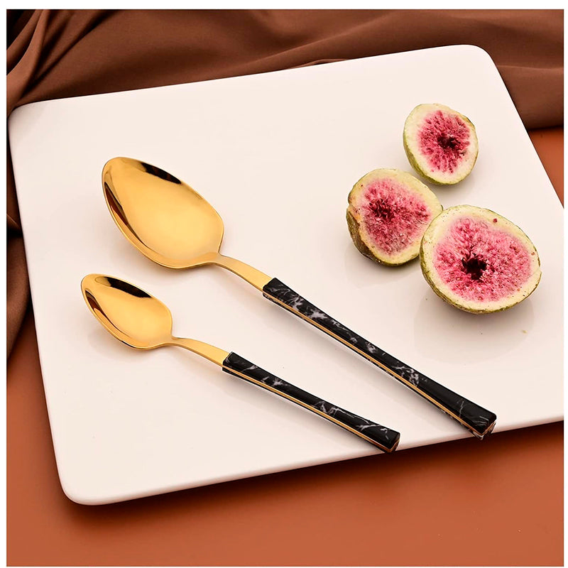 Juego De Cuchilleria 6 Piezas Dorado Mango Efecto Mármol Cuchara Cucharilla Tenedor