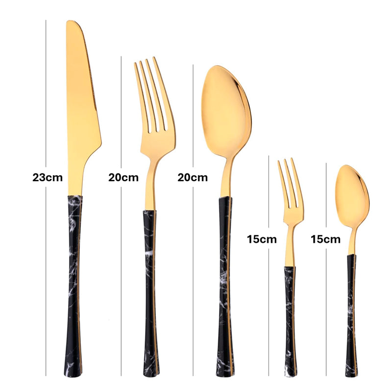 Juego De Cuchilleria 6 Piezas Dorado Mango Efecto Mármol Cuchara Cucharilla Tenedor
