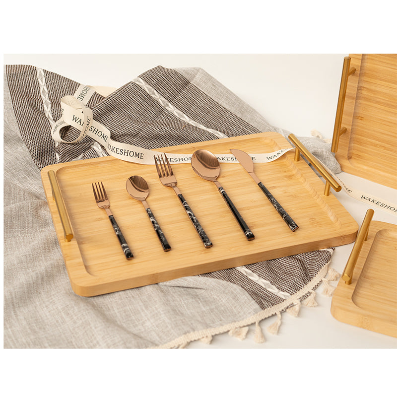 Juego De Cuchilleria 6 Piezas Dorado Mango Efecto Mármol Cuchara Cucharilla Tenedor
