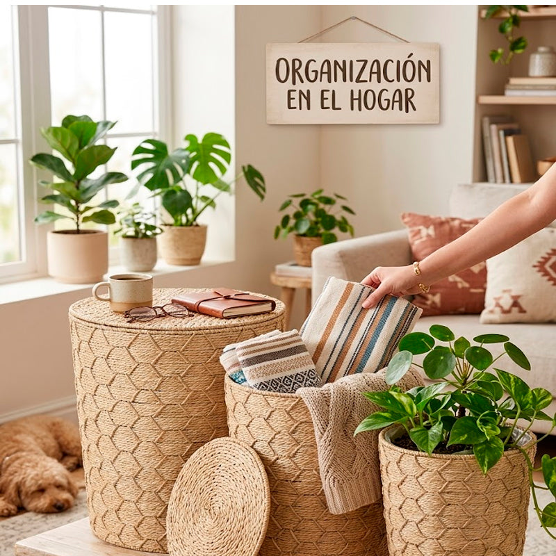 Set de 3 Canastos Organizadores de Fibra Natural con Tapa Estilo Boho