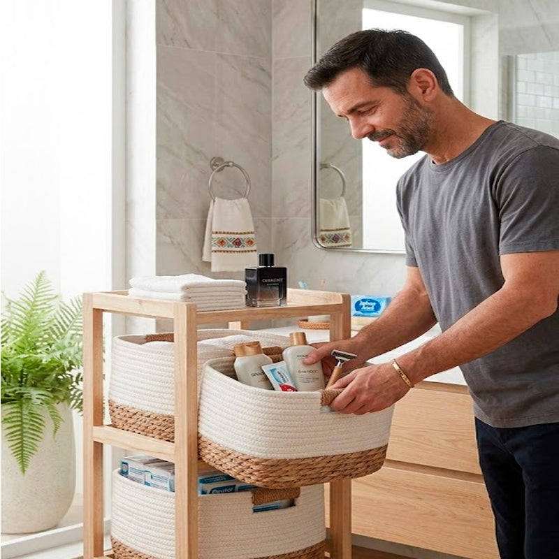 Mueble de Paulownia con 4 Cestas Tejido Algodon Natural Decohogar