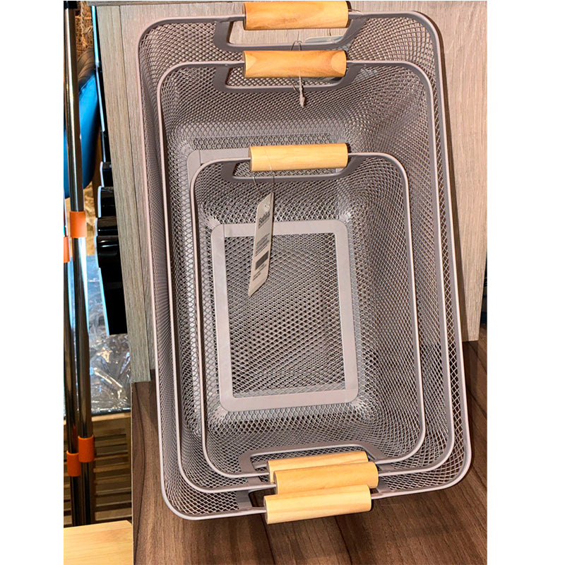 Set 3 Canastos Metalicos Con Mango De Madera Para El Hogar