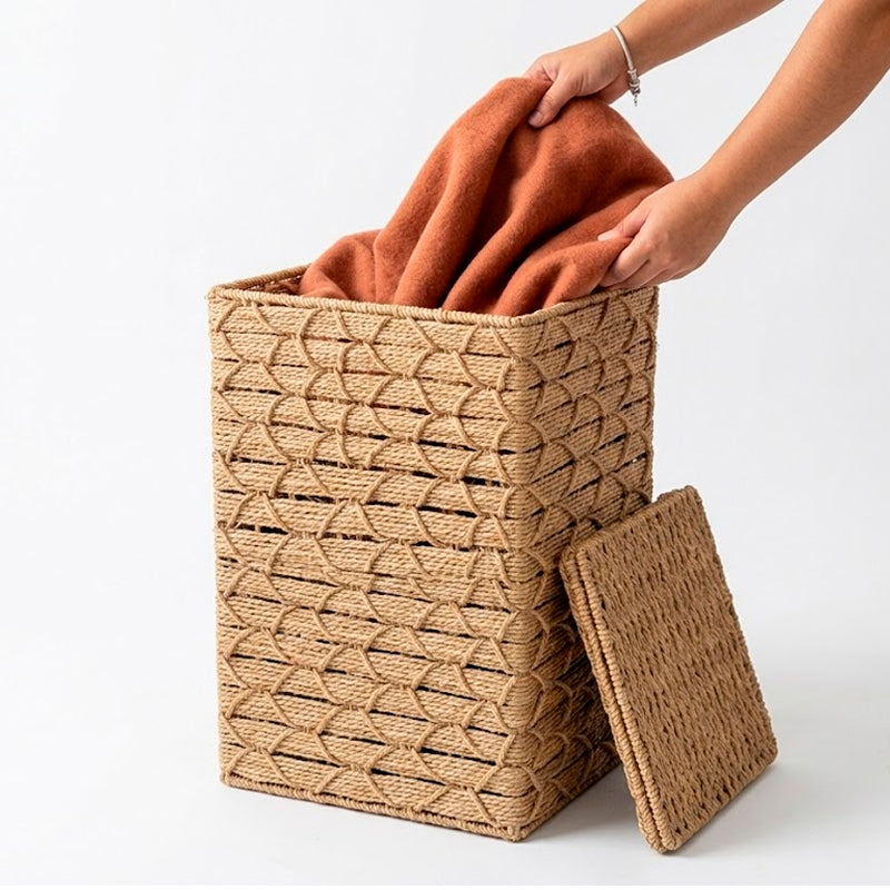 Set de 3 Canastos Rectangulares Organizadores de Fibra Natural con Tapa Estilo Boho