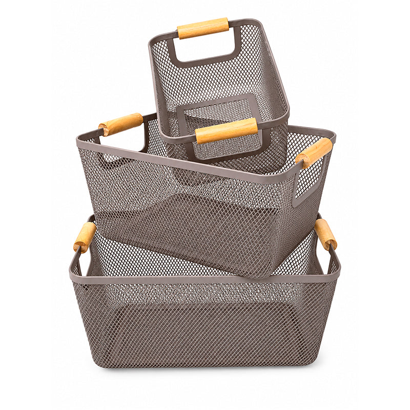 Set 3 Canastos Metalicos Con Mango De Madera Para El Hogar