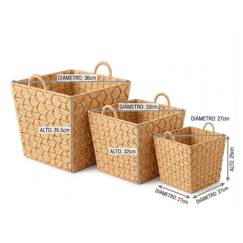 Set de 3 Canastos Organizadores Cuadrados en Seagrass – Natural