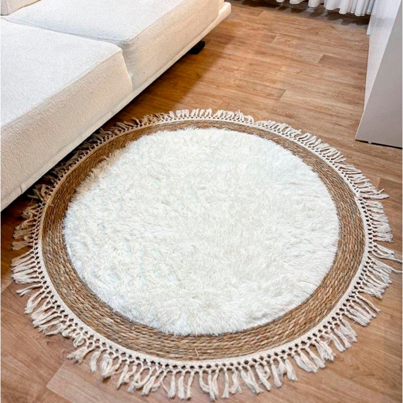 Alfombra Redonda de Yute 115cm Diseño Boho con Flecos Artesanales