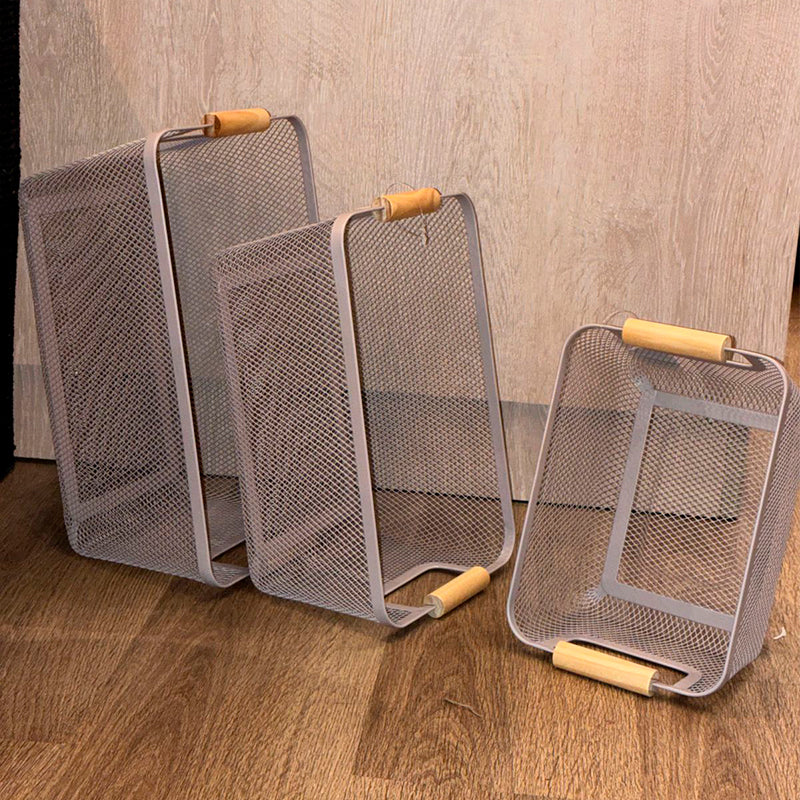 Set 3 Canastos Metalicos Con Mango De Madera Para El Hogar