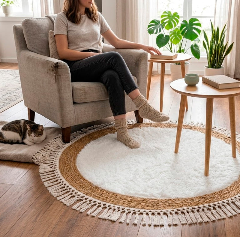 Alfombra Redonda de Yute 115cm Diseño Boho con Flecos Artesanales
