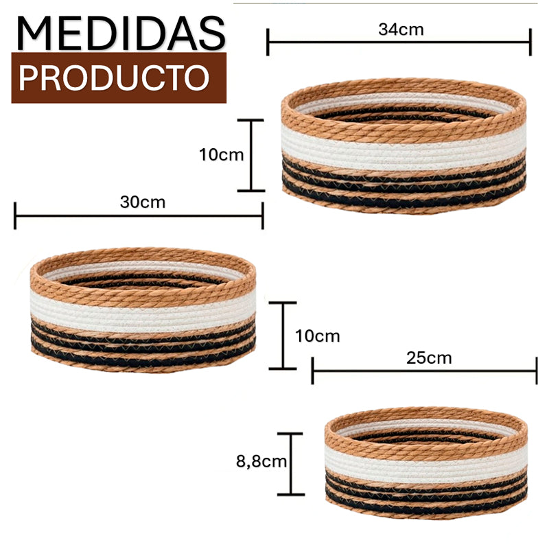 Set de 3 Canastos Organizadores de Fibras Naturales y Cuerda de Algodón Estilo Rústico