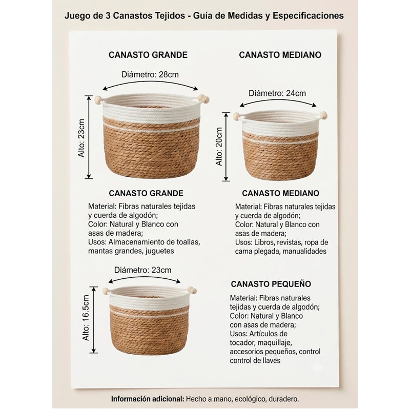 Set 3 Canastos Algodon Cestas De Almacenamiento Con Asas Decorativas