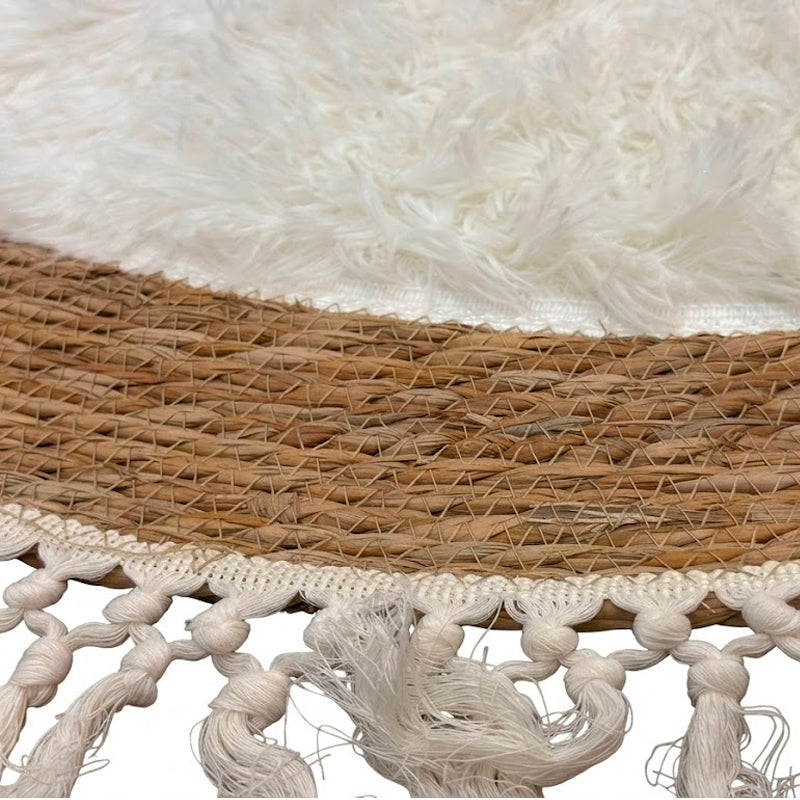 Alfombra Redonda de Yute 115cm Diseño Boho con Flecos Artesanales