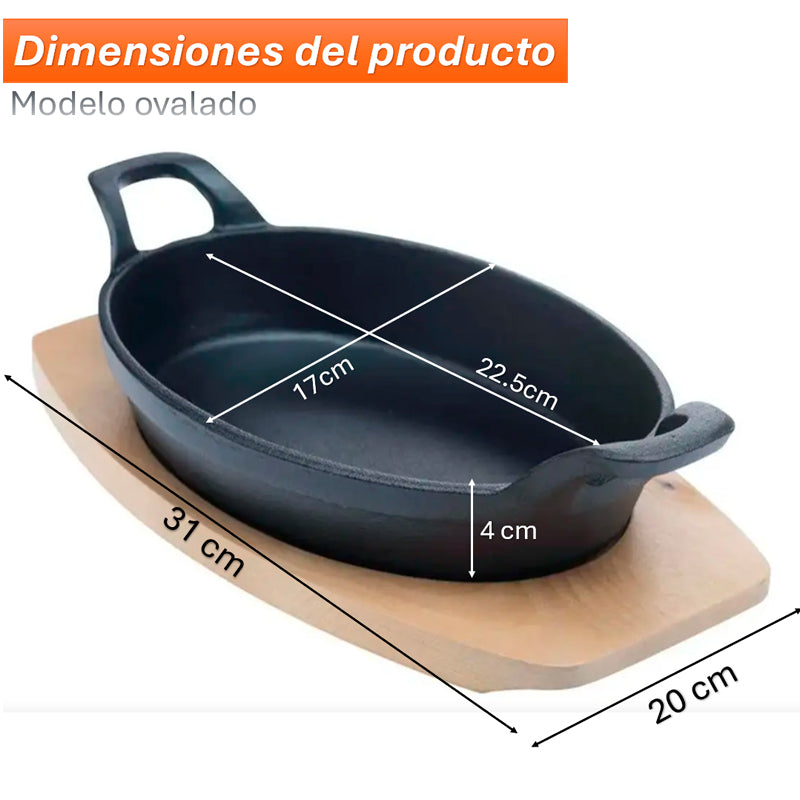 Sarten Hierro Fundido Antiadherente con Asas y Base de Madera