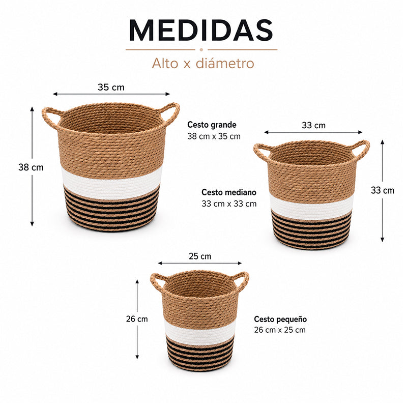 Set 3 Canastos Organizador De Hogar De Yute Natural Con Asa