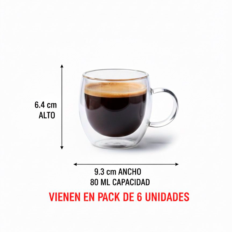 6 Taza Mug Espresso De Vidrio Doble Pared Para Café Té 80 ML