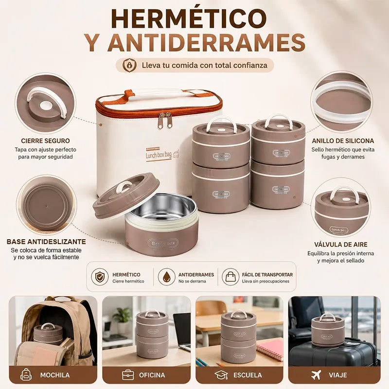 Fiambrera De Acero Inoxidable Set 4 Lonchera Térmica Apilable Multicapa y Estuche