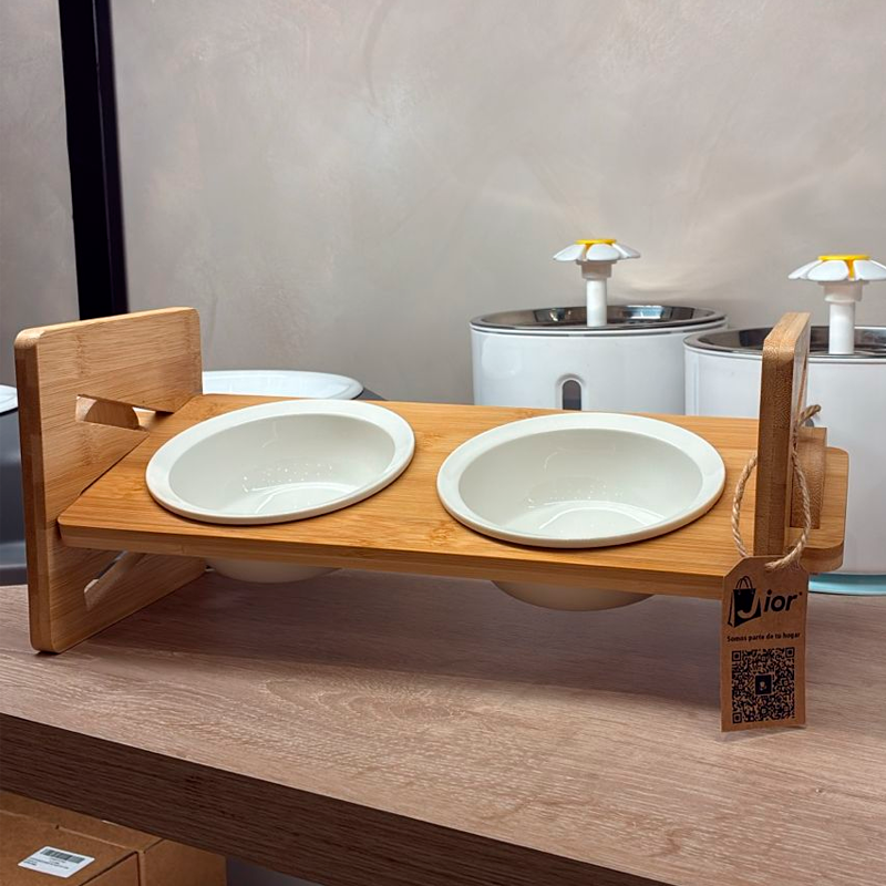 Comedero Elevado para Mascotas Cuenco Ajustable de Bambu Natural para Perros y Gatos