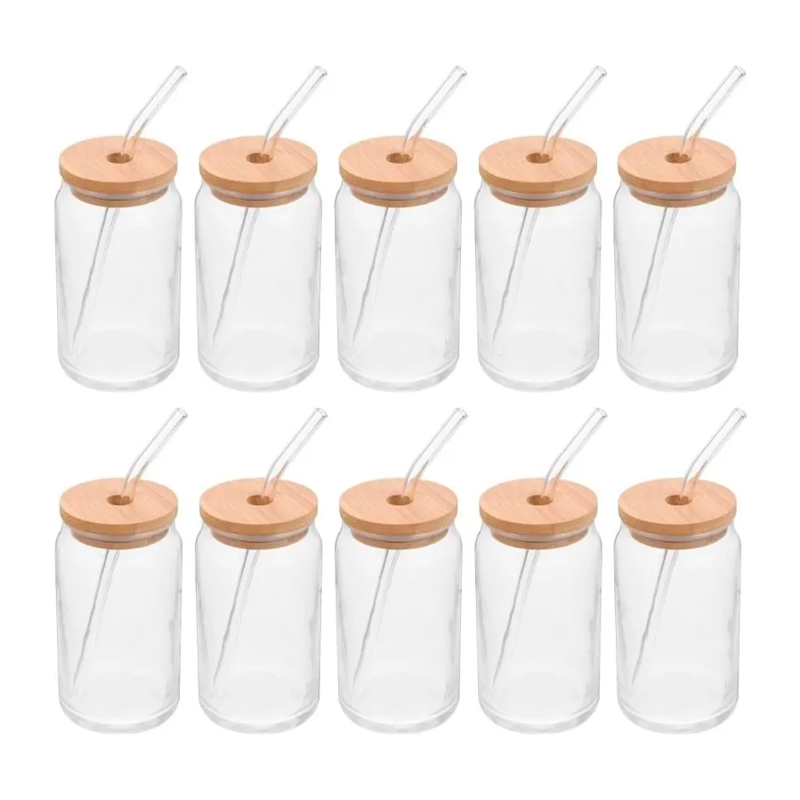 Pack 10 Vasos Lata de Vidrio con Tapa de Bambú y Bombilla 550ml