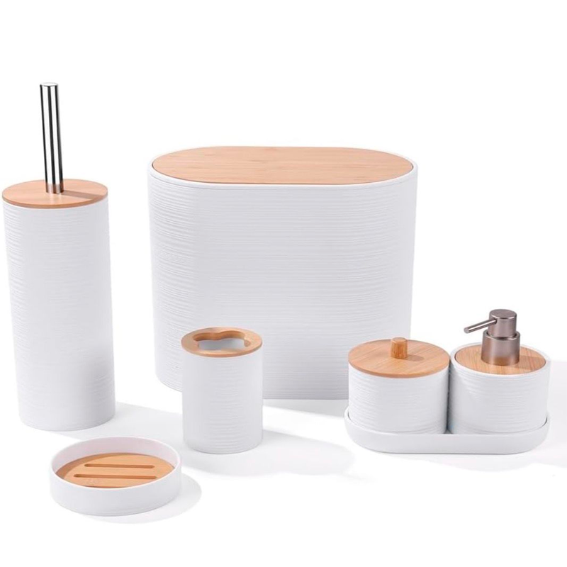 Set De 8 Accesorios Para Baño Con Tapa De Bambu Papelera Wc