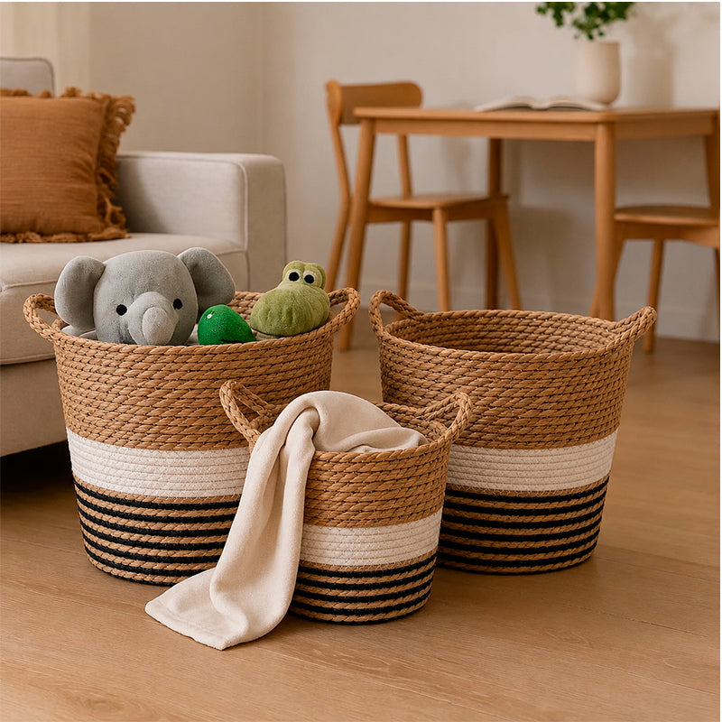 Set 3 Canastos Organizador De Hogar De Yute Natural Con Asa