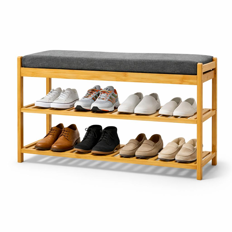 Banco Zapatero de Asiento para Entrada Organizador de zapatos Bambú de 3 niveles