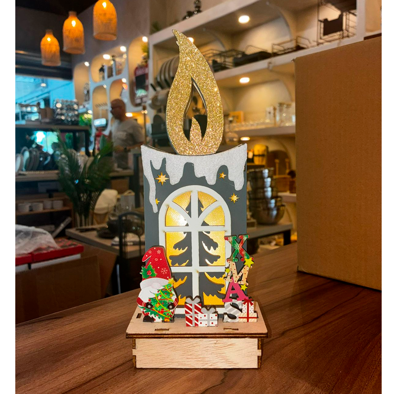 Vela Navideña Iluminada de Madera Adorno Navidad