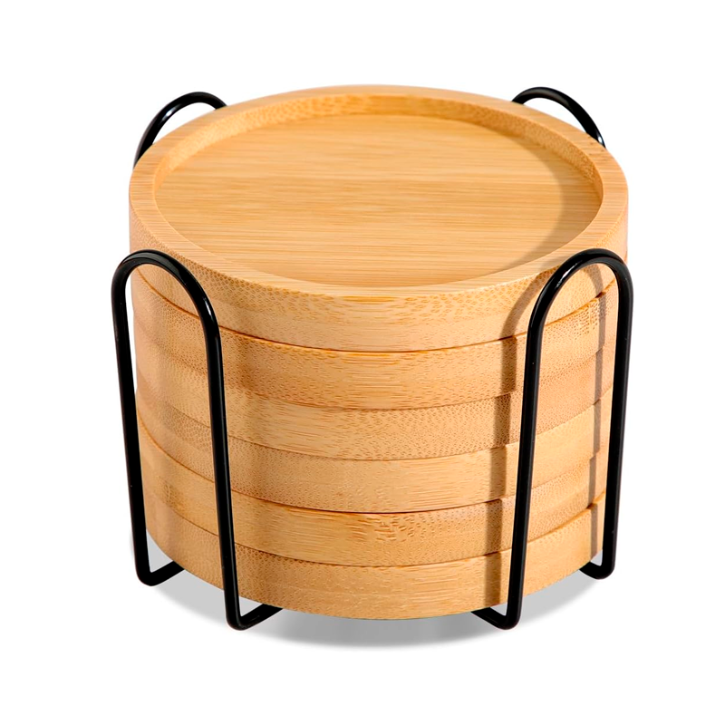 Set 6 Posavasos Circulares de Bambú con Soporte