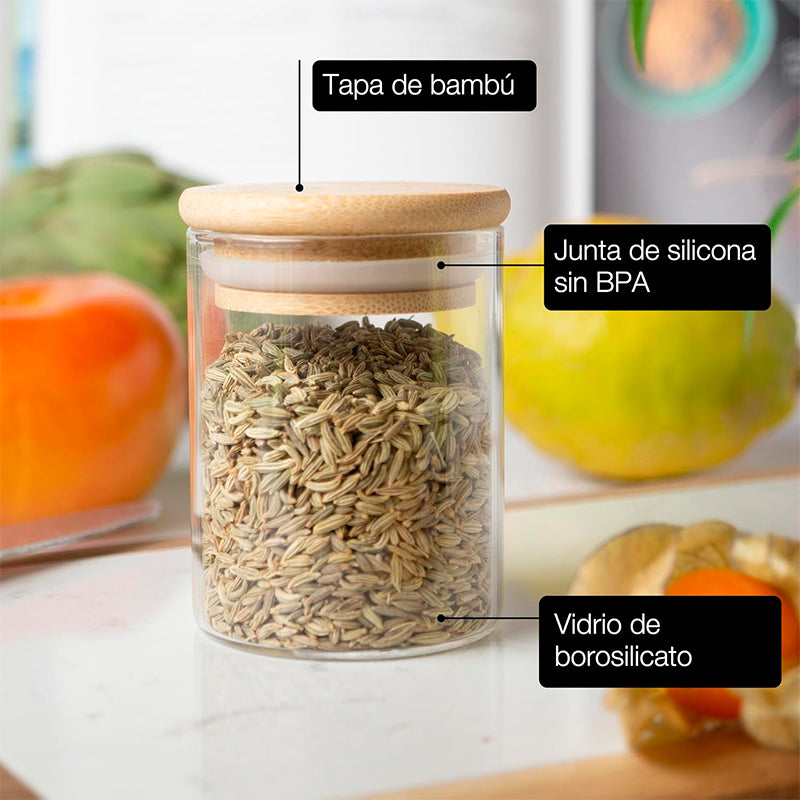 12 Frascos Especias Con Tapa De Bambú + Etiquetas Adhesivas