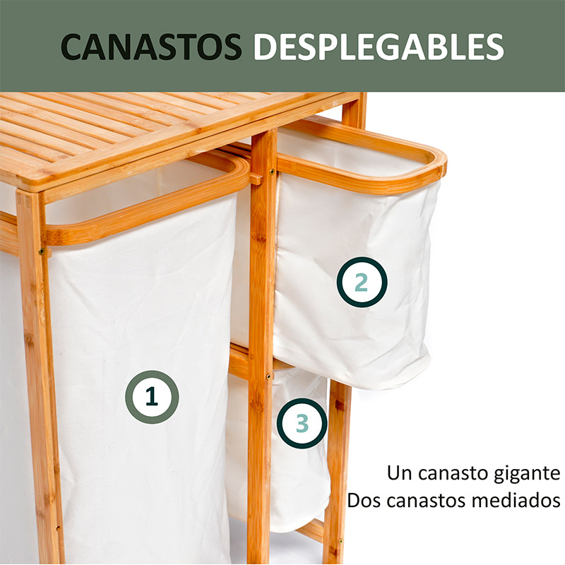 Cesto De Ropa Sucia Armable De Bambú Con Canastos Desplegables Wakeshome